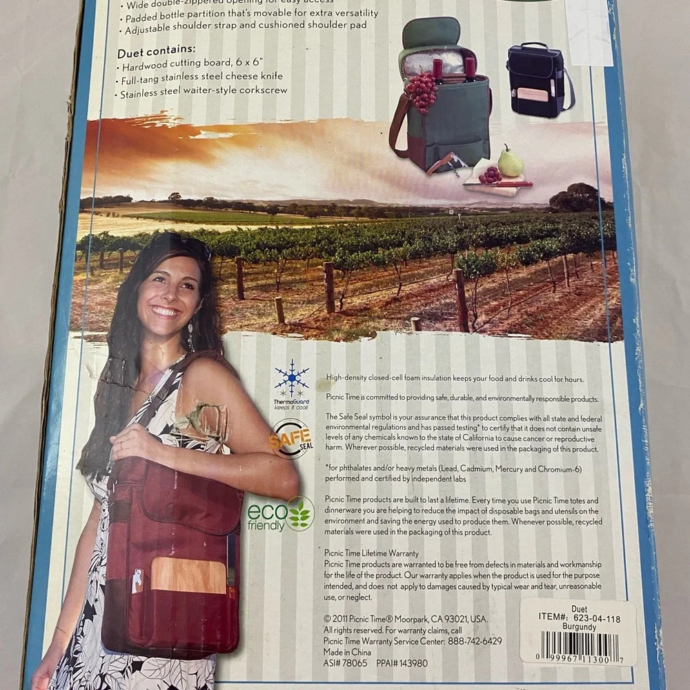 Duet Picnic Time 2 bottle Insulated Wine and Cheese Cooler Tote Burgundy